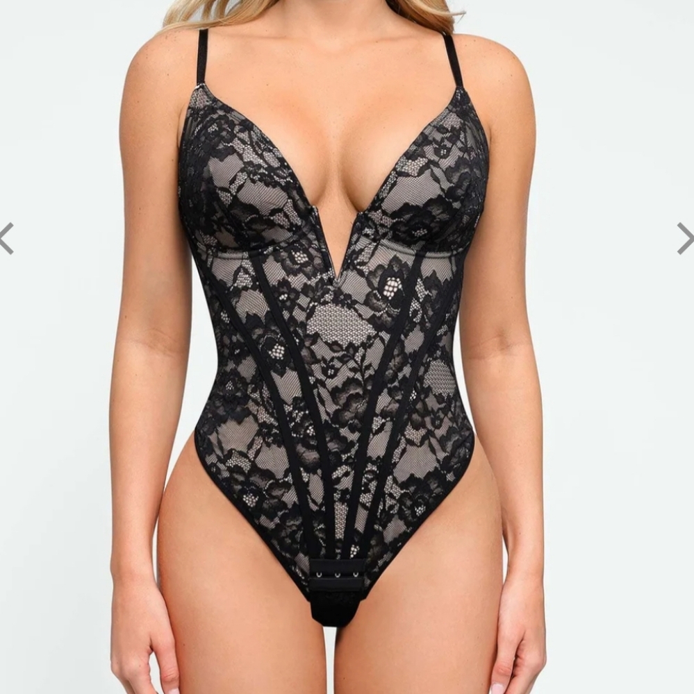 Plunging V-Neck Lace Hourglass Shapewear Corset Bodysuit
